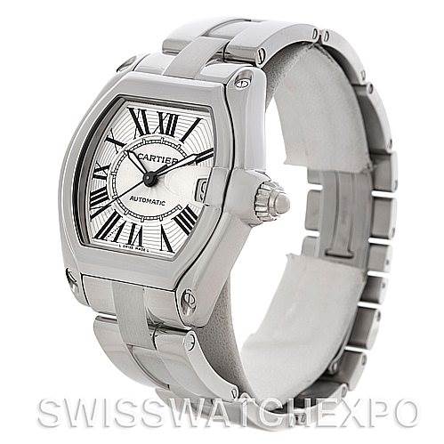 The image shows a Cartier Roadster W62025V3 Men's Stainless Steel Silver Dial W62025V3 Men's Stainless Steel Silver Dial watch at a slight angle, displaying the face, crown, and metal bracelet.
