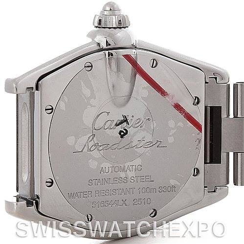 The image shows the back case of a Cartier Roadster W62025V3 Men's Stainless Steel Silver Dial W62025V3 Men's Stainless Steel Silver Dial watch at a slight angle, displaying its inscriptions and crown.