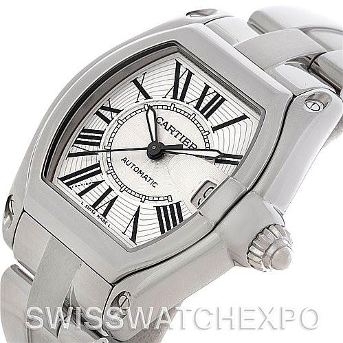 The image shows a Cartier Roadster W62025V3 Men's Stainless Steel Silver Dial W62025V3 Men's Stainless Steel Silver Dial watch at a slight angle, highlighting its silver casing, Roman numeral dial, and metallic bracelet.