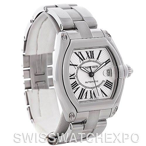 The image shows a front-right angle of the Cartier Roadster W62025V3 Men's Stainless Steel Silver Dial W62025V3 Men's Stainless Steel Silver Dial watch, highlighting its face, bezel, and bracelet.