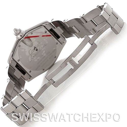 This image shows the clasp and the back case of the Cartier Roadster W62025V3 Men's Stainless Steel Silver Dial W62025V3 Men's Stainless Steel Silver Dial watch from a side angle.