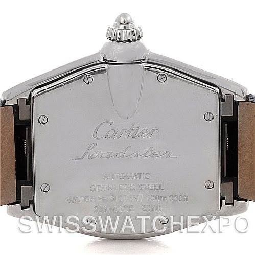 This image shows the back case of a Cartier Roadster W62025V3 Men's Stainless Steel Silver Dial W62025V3 Men's Stainless Steel Silver Dial watch, highlighting its stainless steel and water resistance details.