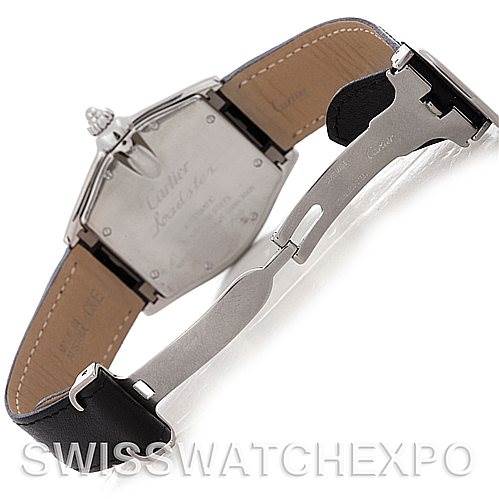 The image shows the back and clasp of a Cartier Roadster W62025V3 Men's Stainless Steel Silver Dial W62025V3 Men's Stainless Steel Silver Dial watch at a slight angle from the rear.