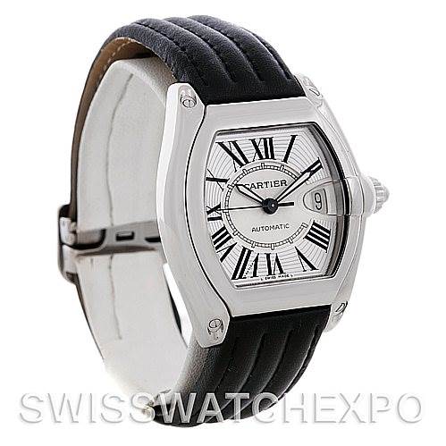 The image shows a Cartier Roadster W62025V3 Men's Stainless Steel Silver Dial W62025V3 Men's Stainless Steel Silver Dial watch at a three-quarter angle, highlighting the face, case, crown, and strap.