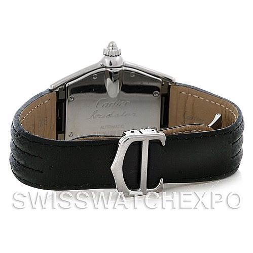 The image shows a Cartier Roadster W62025V3 Men's Stainless Steel Silver Dial W62025V3 Men's Stainless Steel Silver Dial watch from the rear, highlighting the leather strap and clasp.