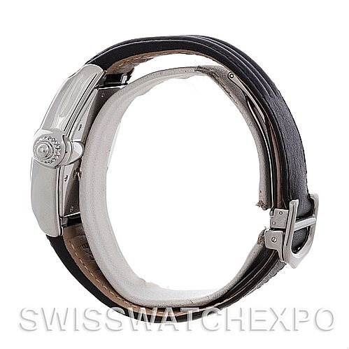 This image shows a side view of the Cartier Roadster W62025V3 Men's Stainless Steel Silver Dial W62025V3 Men's Stainless Steel Silver Dial watch, highlighting its crown, case, and leather strap with a buckle.