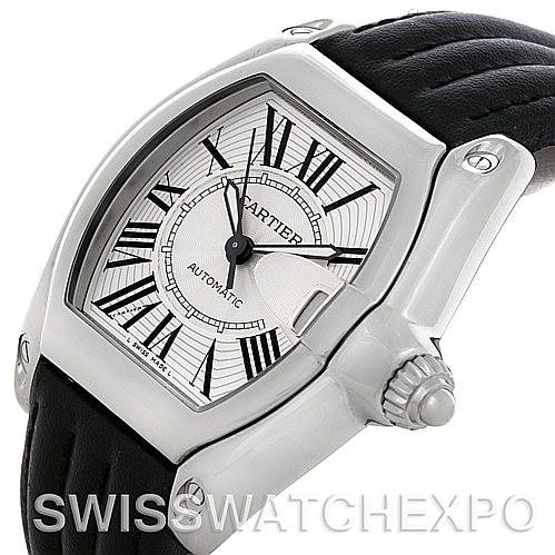 The image shows a close-up angle of a Cartier Roadster W62025V3 Men's Stainless Steel Silver Dial W62025V3 Men's Stainless Steel Silver Dial watch, featuring its dial, crown, and a portion of the leather strap.
