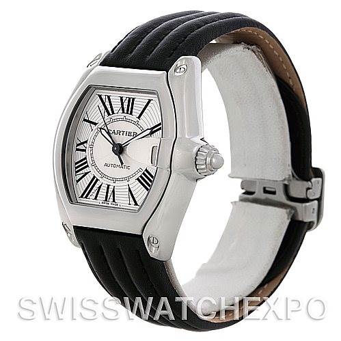 This image shows a Cartier Roadster W62025V3 Men's Stainless Steel Silver Dial W62025V3 Men's Stainless Steel Silver Dial watch from a front-left angle, highlighting the face, case, crown, and strap.