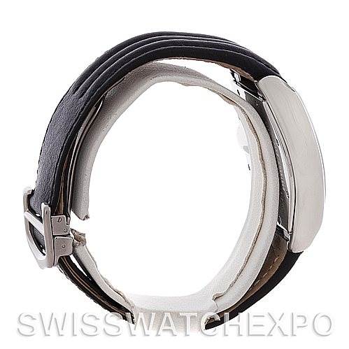 This image shows a side view of the Roadster model by Cartier, focusing on the leather strap and clasp.