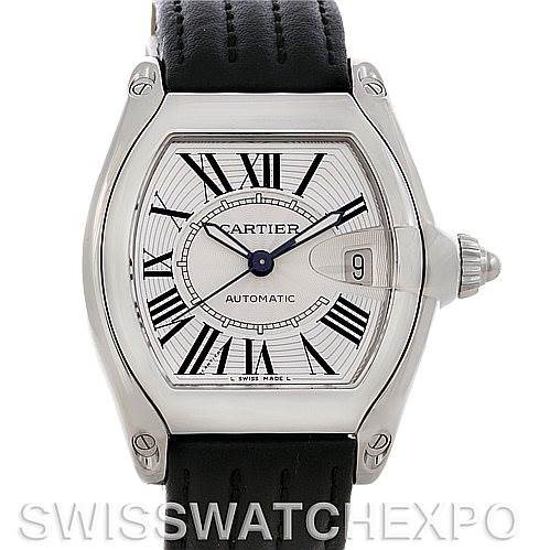 The image shows a front view of the Cartier Roadster watch, featuring its dial, hands, case, and crown on a leather strap.