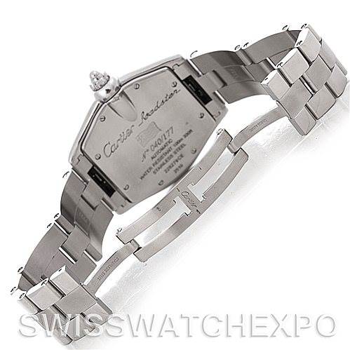 The image shows the back of the Cartier Roadster W62025V3 Men's Stainless Steel Silver Dial W62025V3 Men's Stainless Steel Silver Dial watch, highlighting its bracelet and clasp.