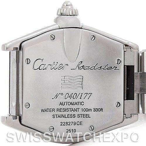 The image shows the back of a Cartier Roadster W62025V3 Men's Stainless Steel Silver Dial W62025V3 Men's Stainless Steel Silver Dial watch, highlighting the case back and subscription.