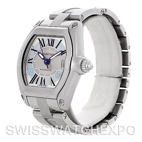 This image shows a Cartier Roadster W62025V3 Men's Stainless Steel Silver Dial W62025V3 Men's Stainless Steel Silver Dial watch at an angled side view, highlighting its face, bezel, crown, and part of the bracelet.