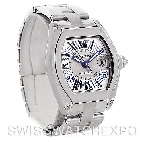 The image shows a Cartier Roadster W62025V3 Men's Stainless Steel Silver Dial W62025V3 Men's Stainless Steel Silver Dial watch at an angle, displaying the face, bezel, crown, and part of the bracelet.