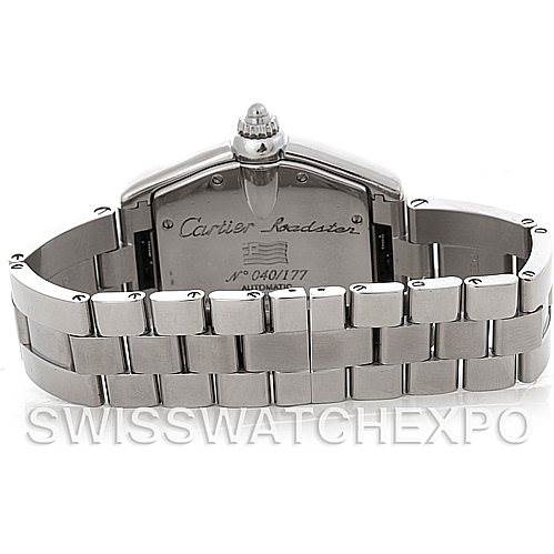 The image shows the back view of a Cartier Roadster W62025V3 Men's Stainless Steel Silver Dial W62025V3 Men's Stainless Steel Silver Dial watch, focusing on its case back and stainless steel bracelet.