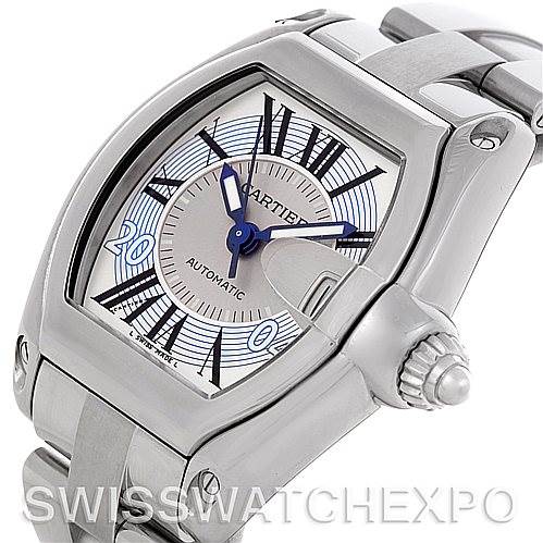 This image shows a close-up of the Cartier Roadster W62025V3 Men's Stainless Steel Silver Dial W62025V3 Men's Stainless Steel Silver Dial model watch, highlighting its face, bezel, and part of the bracelet.