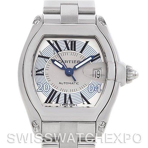 The image displays a frontal view of the Cartier Roadster W62025V3 Men's Stainless Steel Silver Dial W62025V3 Men's Stainless Steel Silver Dial watch, highlighting its dial, hands, crown, and stainless steel bracelet.