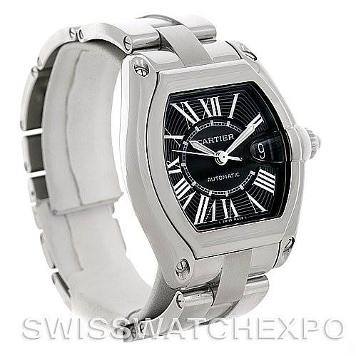This image shows a Cartier Roadster W62041V3 Men's Stainless Steel Black Dial W62041V3 Men's Stainless Steel Black Dial watch angled to display the face, strap, and side details.