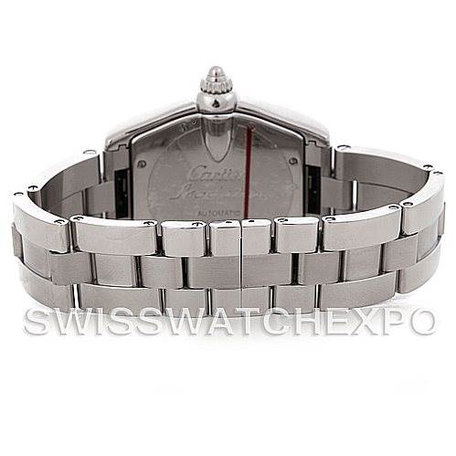 The image shows the back and bracelet of a Cartier Roadster W62041V3 Men's Stainless Steel Black Dial W62041V3 Men's Stainless Steel Black Dial watch, focusing on the stainless steel band and case back detailing.