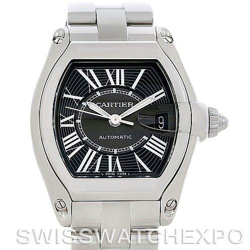 This image shows a front view of the Cartier Roadster W62041V3 Men's Stainless Steel Black Dial W62041V3 Men's Stainless Steel Black Dial watch, highlighting its face, case, and bracelet.