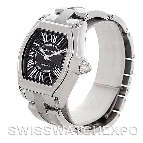 The image shows a Cartier Roadster W62041V3 Men's Stainless Steel Black Dial W62041V3 Men's Stainless Steel Black Dial watch at an angled, side view highlighting the case, dial, and bracelet.