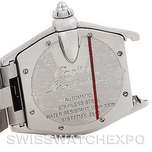 The image shows the back case of a Cartier Roadster W62041V3 Men's Stainless Steel Black Dial W62041V3 Men's Stainless Steel Black Dial watch, highlighting its water-resistant and stainless steel features.