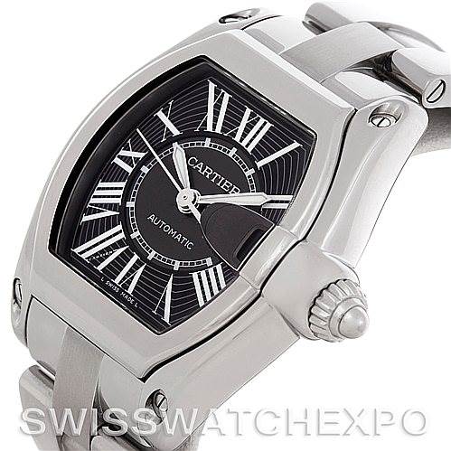 This image shows a close-up angle of the Cartier Roadster W62041V3 Men's Stainless Steel Black Dial W62041V3 Men's Stainless Steel Black Dial watch, featuring the dial, crown, and part of the bracelet.