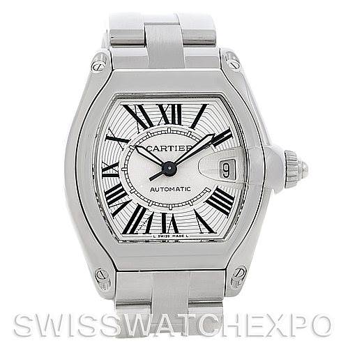 The image shows a frontal view of the Cartier Roadster W62025V3 Men's Stainless Steel Silver Dial W62025V3 Men's Stainless Steel Silver Dial watch, featuring its face, bezel, and bracelet.
