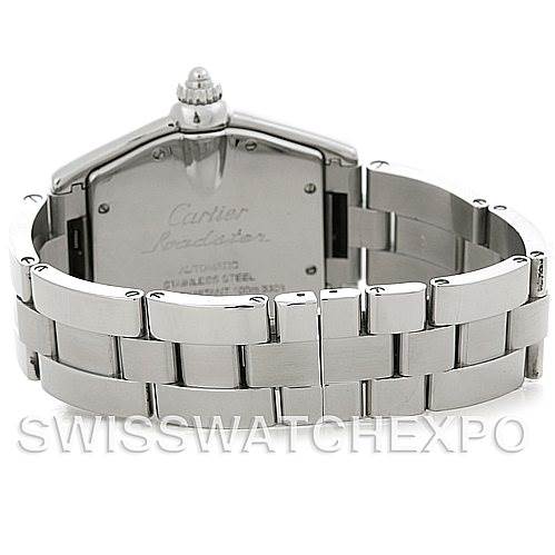 The image shows the back view of the Cartier Roadster W62025V3 Men's Stainless Steel Silver Dial W62025V3 Men's Stainless Steel Silver Dial watch, highlighting its case back and stainless steel bracelet.