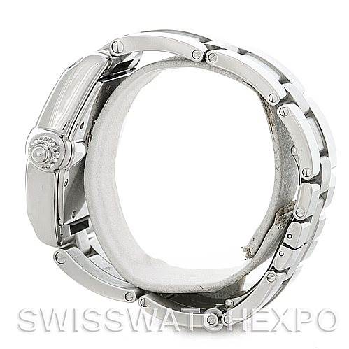 The image shows a side view of a Cartier Roadster W62025V3 Men's Stainless Steel Silver Dial W62025V3 Men's Stainless Steel Silver Dial watch, displaying its crown and metal bracelet with deployment clasp.