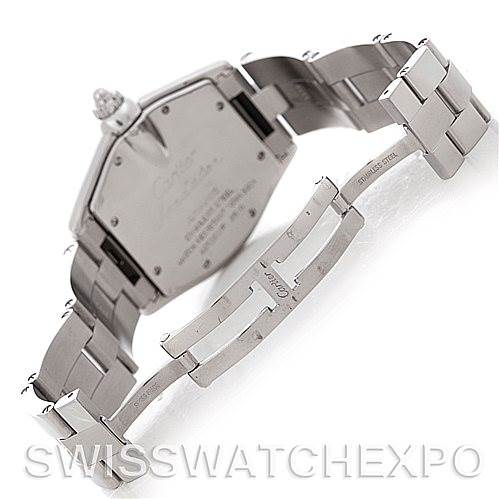 This image shows the backside and bracelet of a Cartier Roadster W62025V3 Men's Stainless Steel Silver Dial W62025V3 Men's Stainless Steel Silver Dial watch at an angled perspective, highlighting the clasp and caseback.