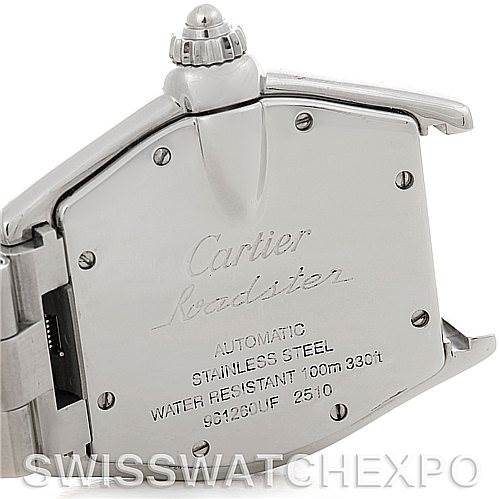 The image shows the back and side view of a Cartier Roadster W62025V3 Men's Stainless Steel Silver Dial W62025V3 Men's Stainless Steel Silver Dial watch case with its engravings and crown visible.