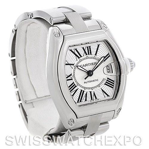 The image shows a Cartier Roadster W62025V3 Men's Stainless Steel Silver Dial W62025V3 Men's Stainless Steel Silver Dial watch angled to display the dial, crown, case, and part of the metal bracelet.