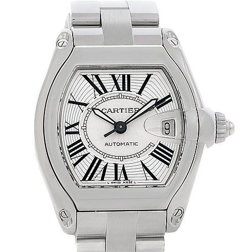 The image shows a front view of a Cartier Roadster W62025V3 Men's Stainless Steel Silver Dial W62025V3 Men's Stainless Steel Silver Dial watch, highlighting its dial, bezel, and bracelet.