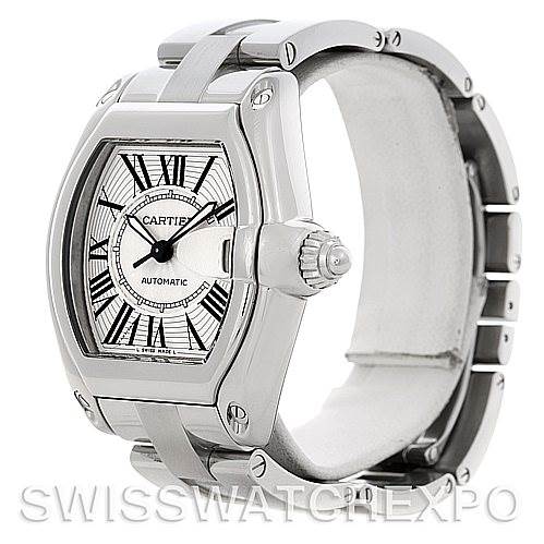 The image shows a Cartier Roadster W62025V3 Men's Stainless Steel Silver Dial W62025V3 Men's Stainless Steel Silver Dial watch at a three-quarter angle, highlighting the face, crown, and part of the stainless steel bracelet.