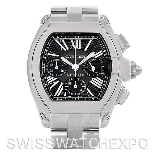 The image shows a front view of a Cartier Roadster W62020X6 Men's Stainless Steel Black Dial W62020X6 Men's Stainless Steel Black Dial watch, highlighting the face, crown, chronograph buttons, and bracelet.