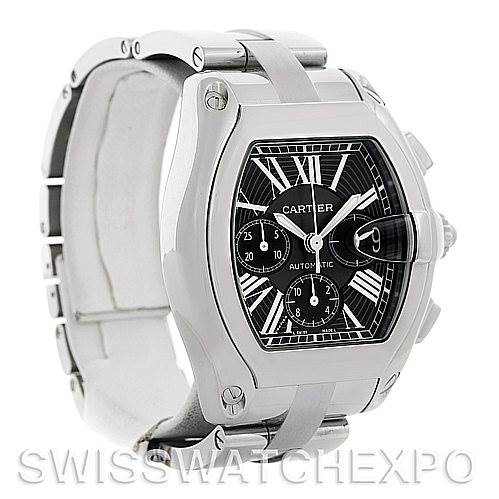The image shows a Cartier Roadster W62020X6 Men's Stainless Steel Black Dial W62020X6 Men's Stainless Steel Black Dial watch from a front-left angle, displaying its bracelet, case, and face.