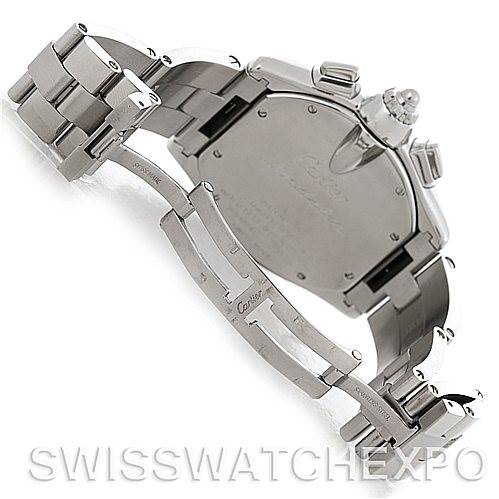 The image shows the back view and clasp mechanism of the Cartier Roadster W62020X6 Men's Stainless Steel Black Dial W62020X6 Men's Stainless Steel Black Dial watch.