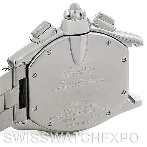 The image shows the back case and crown of a Cartier Roadster W62020X6 Men's Stainless Steel Black Dial W62020X6 Men's Stainless Steel Black Dial watch at an angle.