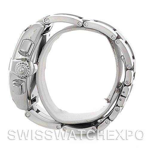 The image shows a Cartier Roadster W62020X6 Men's Stainless Steel Black Dial W62020X6 Men's Stainless Steel Black Dial watch from a side profile, highlighting the crown, pushers, and part of the bracelet.