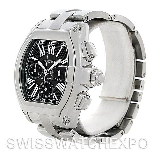 The Cartier Roadster W62020X6 Men's Stainless Steel Black Dial W62020X6 Men's Stainless Steel Black Dial watch is shown at a three-quarter angle displaying the case, dial, crown, and part of the bracelet.