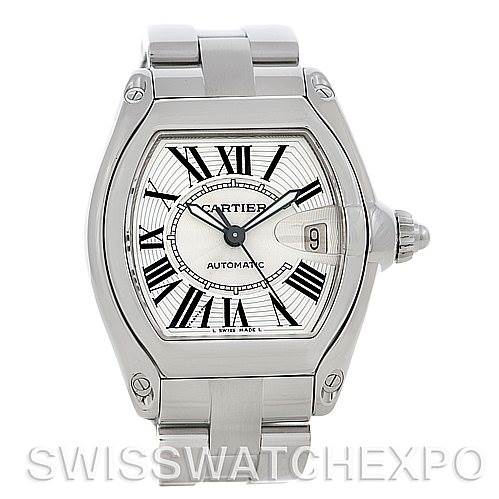 The image shows a front view of the Cartier Roadster W62025V3 Men's Stainless Steel Silver Dial W62025V3 Men's Stainless Steel Silver Dial watch, displaying its dial, hands, date window, and bracelet.