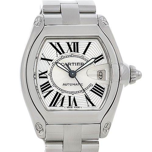 This image shows a frontal view of a Cartier Roadster W62025V3 Men's Stainless Steel Silver Dial W62025V3 Men's Stainless Steel Silver Dial watch featuring Roman numerals, date window, and stainless steel bracelet.