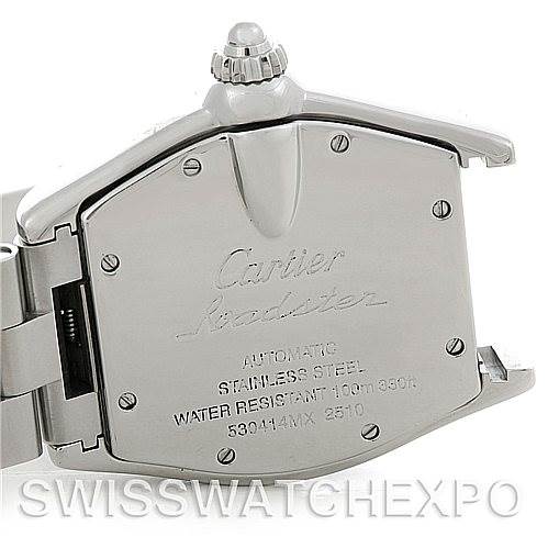 The image shows the back view of a Cartier Roadster W62025V3 Men's Stainless Steel Silver Dial W62025V3 Men's Stainless Steel Silver Dial watch, featuring the case back, crown, and bracelet attachment.