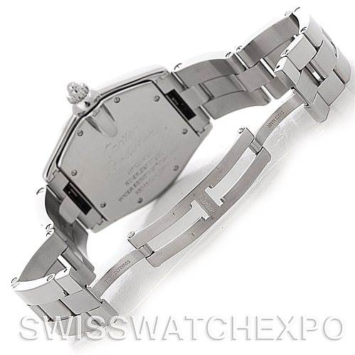 The image shows the back and clasp of a Cartier Roadster W62025V3 Men's Stainless Steel Silver Dial W62025V3 Men's Stainless Steel Silver Dial watch, displaying its bracelet and case back.