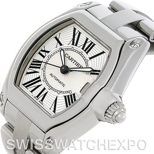 The image shows a Cartier Roadster W62025V3 Men's Stainless Steel Silver Dial W62025V3 Men's Stainless Steel Silver Dial watch angled to display the face, bezel, crown, and part of the bracelet.