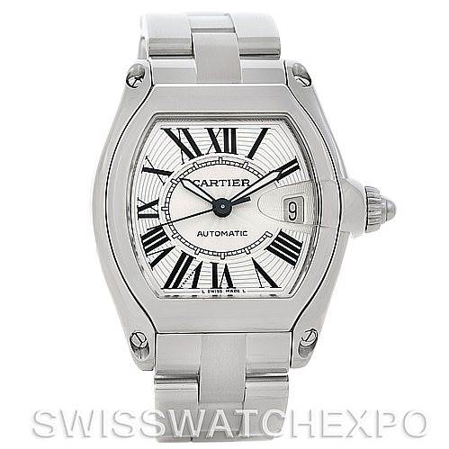The image shows a front view of the Cartier Roadster W62025V3 Men's Stainless Steel Silver Dial W62025V3 Men's Stainless Steel Silver Dial model watch, highlighting its face, bezel, and bracelet.
