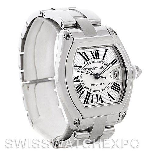 The image shows a Cartier Roadster W62025V3 Men's Stainless Steel Silver Dial W62025V3 Men's Stainless Steel Silver Dial watch at a slight angle, highlighting its face, bezel, and part of the stainless steel bracelet.