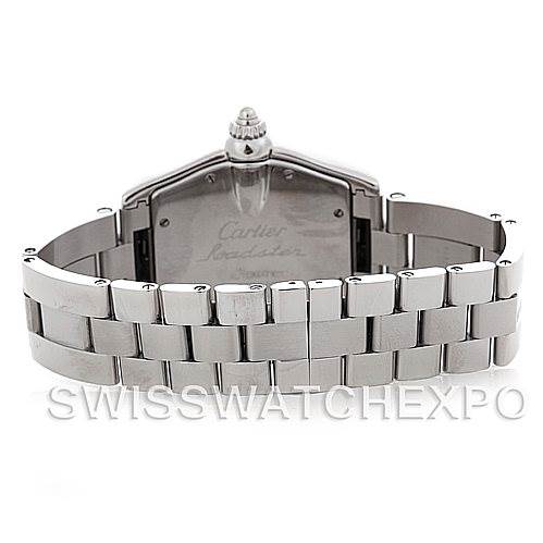 The image shows the back view of a Cartier Roadster W62025V3 Men's Stainless Steel Silver Dial W62025V3 Men's Stainless Steel Silver Dial watch, highlighting its bracelet and case back.