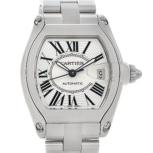 The image shows a front view of the Cartier Roadster W62025V3 Men's Stainless Steel Silver Dial W62025V3 Men's Stainless Steel Silver Dial watch, featuring its dial, stainless steel case, and bracelet.